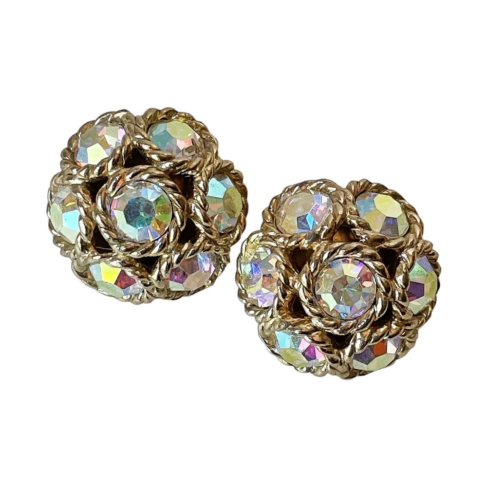 1960s Sarah Coventry Gold Plate AB Rhinestone Dancing Magic Domed Clip Earrings